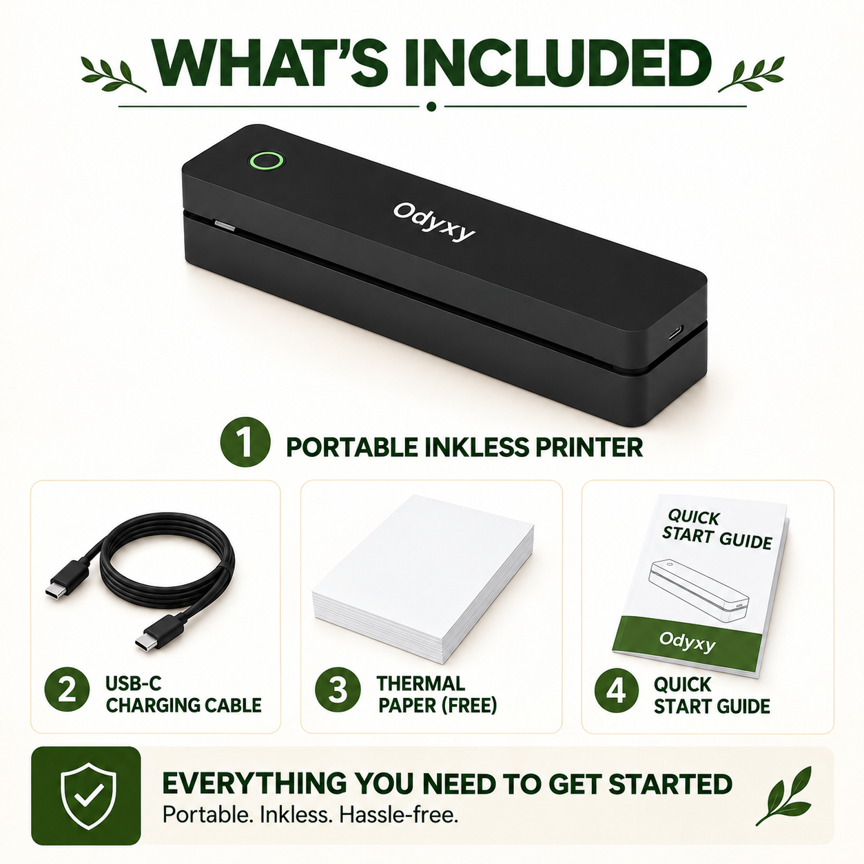 What's included: the printer, a USB-C cable, thermal printing paper and a quick start guide