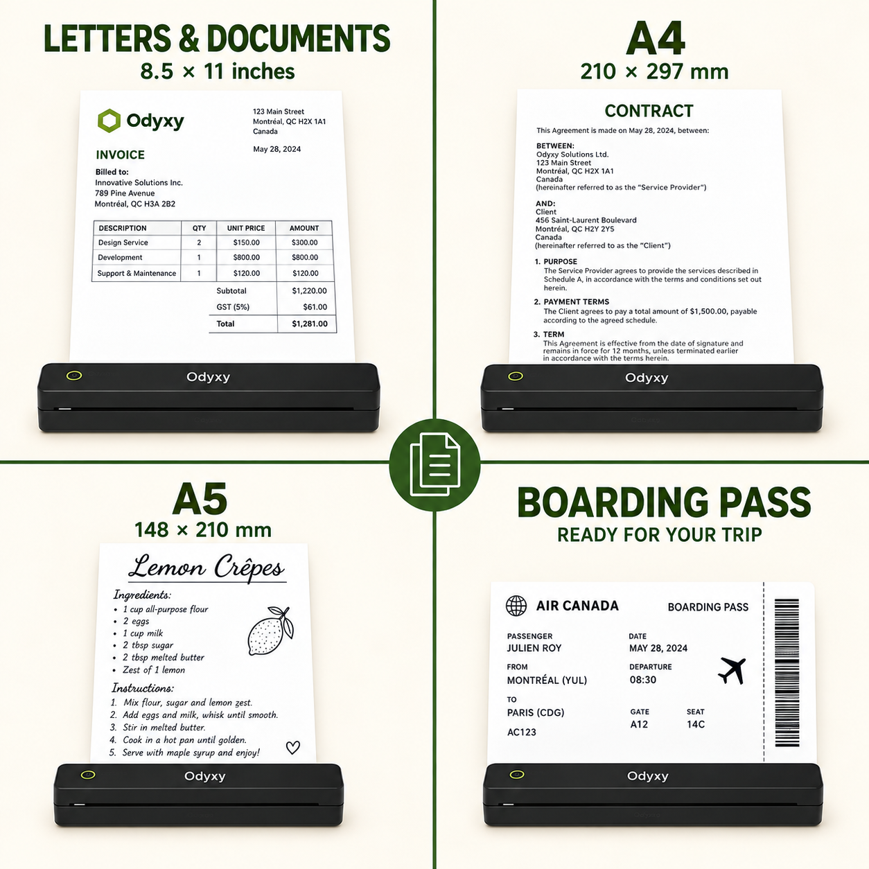 Odyxy printer output sizes: US Letter, A4, A5 and boarding passes