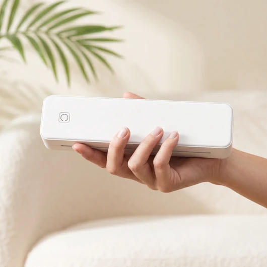 Odyxy Portable Thermal Printer in Arctic White held in one hand